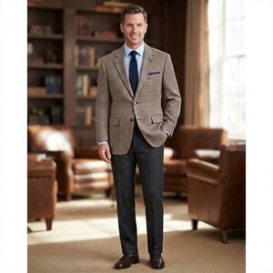Stafford Essentials Mens 44R Classic Fit Houndstooth Blazer Sport Coat Tan Brown